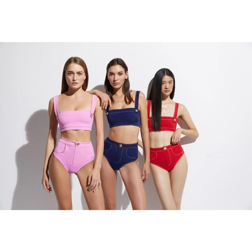 OYE Swimwear Women’s Lavinia Pink Bandeau Bikini Gold Button Detail - Picture 11 of 12